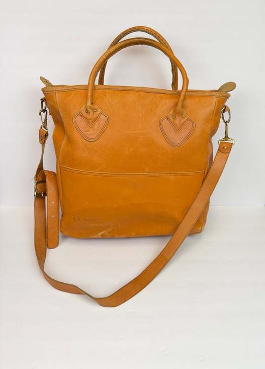 L.L. Bean Handbags - LL Bean Vintage 70s 80s Tan Leather Boat Tote Bag Satchel Brown Top Handle Strap